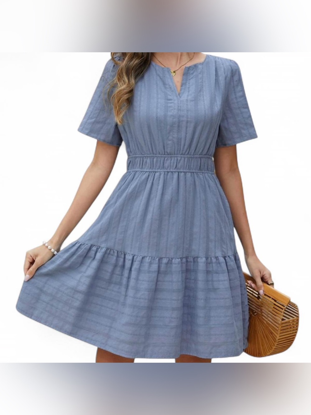 Casual Blue Short-Sleeve Tiered Mini Dress